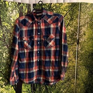 American Eagle Outfitters Blue and Red Plaid Button-Down Shirt
